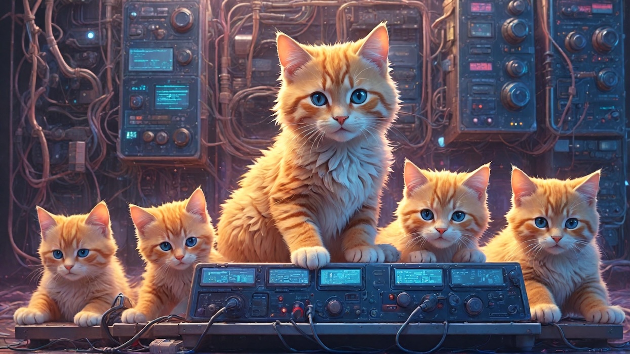 A cluster of mainframe servers being guarded by cute, AI generated kittens. Meow.